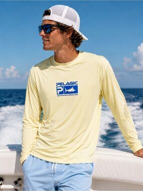 Pelagic Butter Yellow Mens Aqua Tek Fishing Outdoors Sun Shirt
